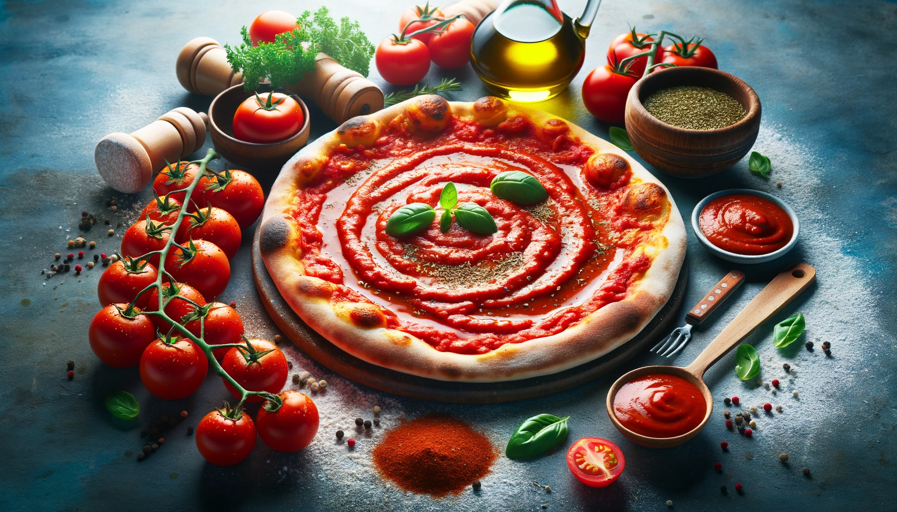 Une pizza entouré de tomate pour mettre l'accent sur la sauce tomate.